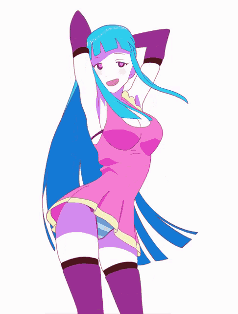 a drawing of a girl with long blue hair and a pink dress