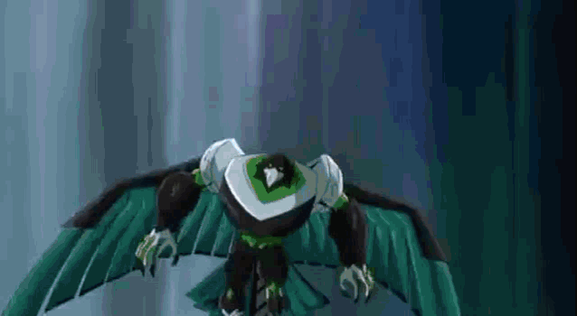 a robot with green wings is flying in the air .