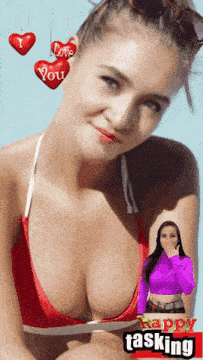a woman in a bikini is surrounded by red hearts that say " i love you "