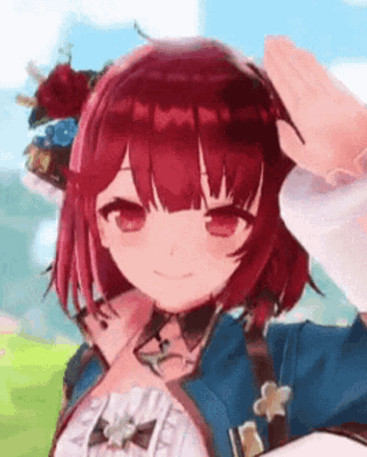 a girl with red hair and red eyes is wearing a blue jacket and a flower in her hair .