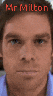 a close up of a man 's face with the name mr milton written above him