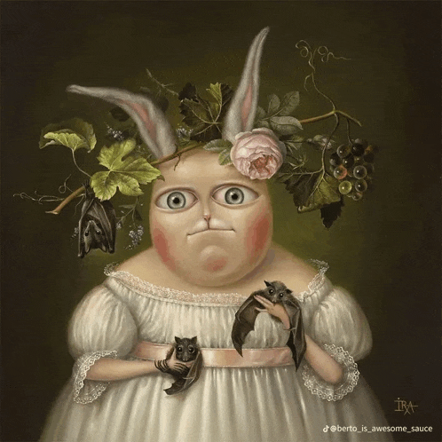 a painting of a woman in a white dress with bats and flowers on her head