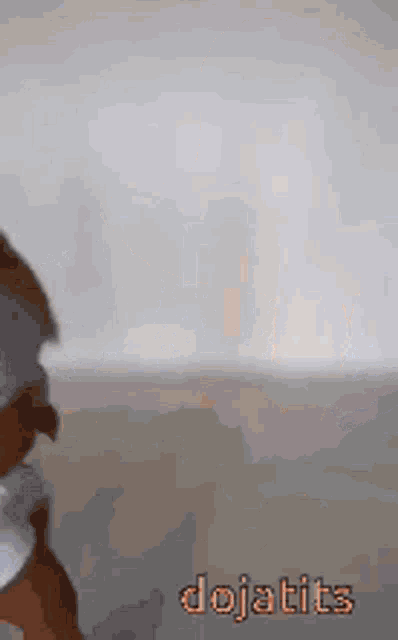 a blurred image of a person standing in front of a white wall with the words dojatits written on the bottom .
