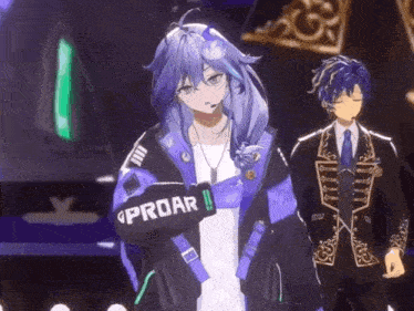 a girl with purple hair and a jacket that says proar on it