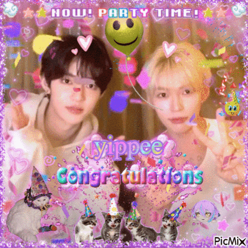 a picture of two boys with cats and a balloon that says congratulations