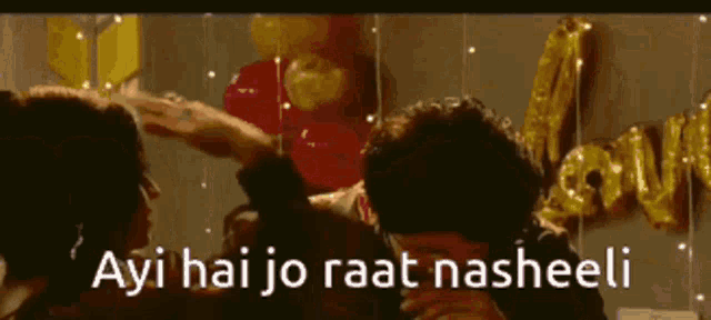 a man is drinking from a glass while standing next to a woman with the words ayi hai jo raat nasheeli below him