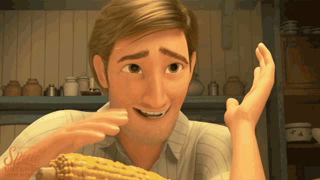 a man is holding a corn on the cob in front of a sign that says ' disney untamed ' on it