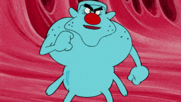 a blue cartoon character with a red nose and black eyes