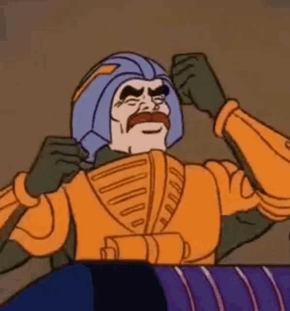 a cartoon character is flexing his muscles while wearing a helmet and gloves .