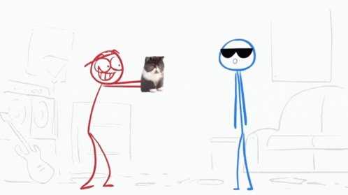a drawing of a stick figure holding a cat and another stick figure with sunglasses on