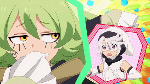 a cartoon of a girl with green hair and a white outfit