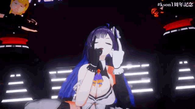 a girl with purple hair is giving a peace sign in a video game