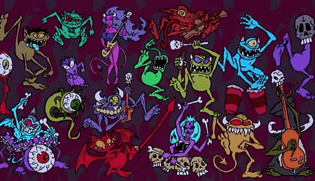 a bunch of monsters are dancing and playing instruments