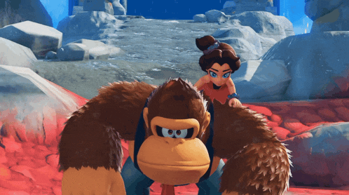 a cartoon character riding on the back of donkey kong