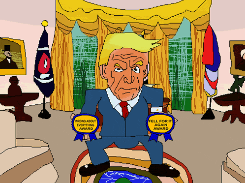 a cartoon of donald trump holding two ribbons that say " more and everything award " and " fell right again award "