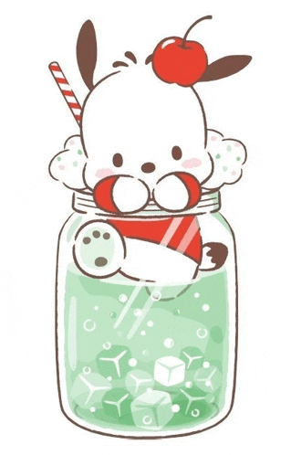 a cartoon drawing of a dog in a mason jar with a cherry on top