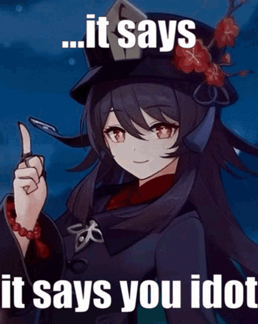 a picture of a girl with the words " it says it says you idiot " on it