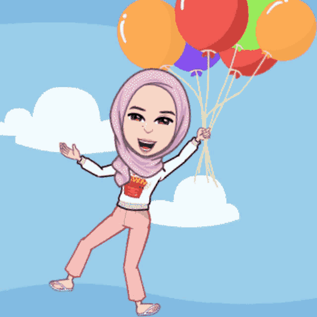 a cartoon of a woman wearing a pink hijab holding balloons