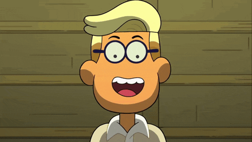 a cartoon character wearing glasses and a white shirt with his mouth open