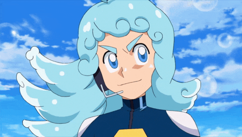 a cartoon character with white hair and blue eyes looks at the camera