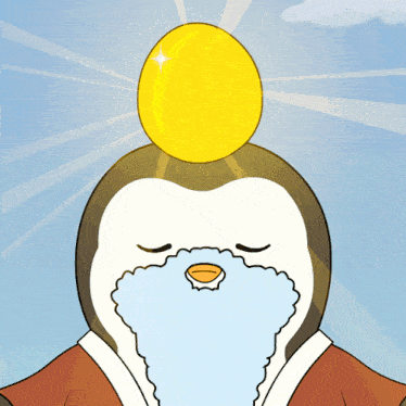a penguin with a beard and a golden egg on top of its head
