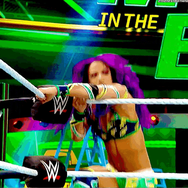 a woman with purple hair is in a wrestling ring with the word in the corner