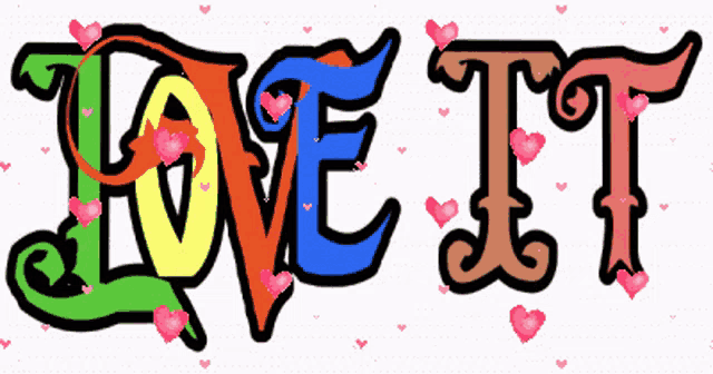 the word love it is surrounded by pink hearts on a white background