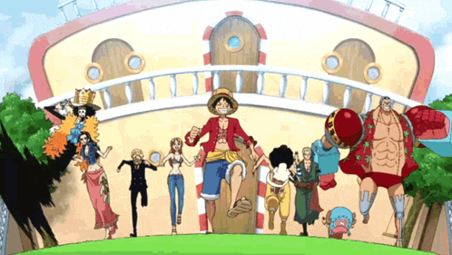 a group of anime characters are standing in front of a building holding hands
