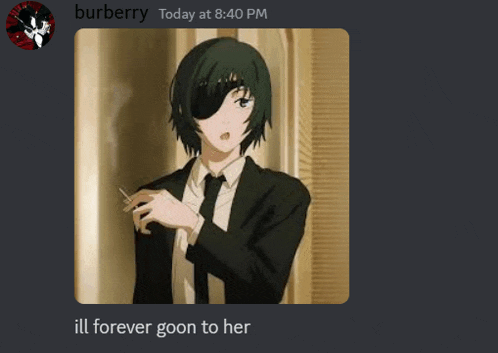 a picture of a man in a suit and tie smoking a cigarette with the caption " ill forever goon to her "