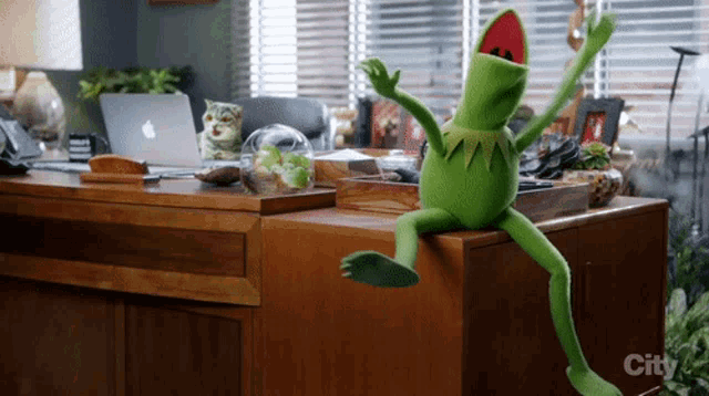 a kermit the frog is sitting on a desk with a laptop