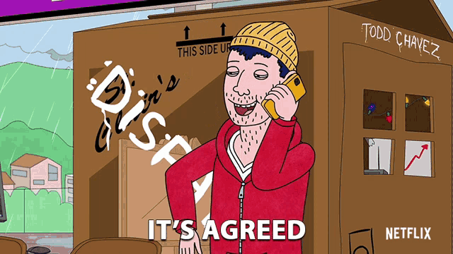 a cartoon of a man talking on a cell phone in front of a todd chaves building