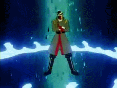 a man in a trench coat is standing in front of a blue flame