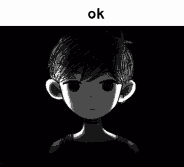 a black and white drawing of a boy with the word ok underneath