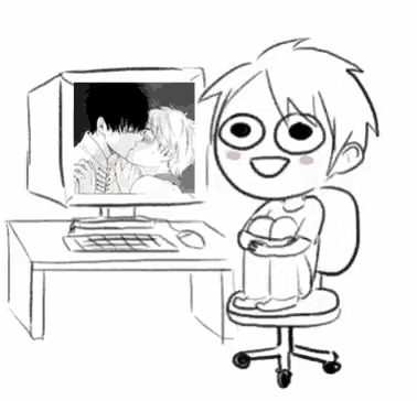 a black and white drawing of a boy sitting in front of a computer screen with a picture of two men kissing on it .