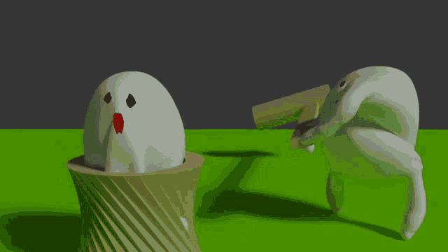 a 3d rendering of a ghost holding a stick next to another ghost