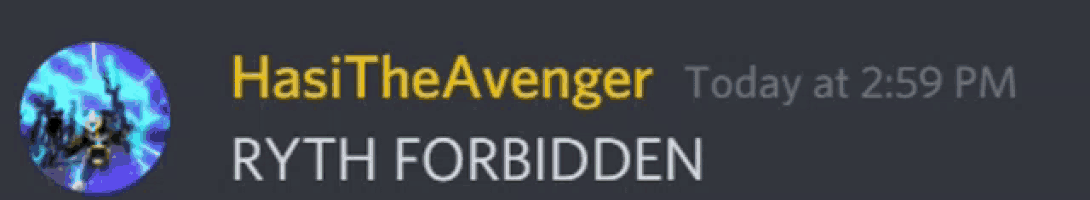 a screenshot of a discord message that says hasi the avenger today at 2:59 pm ryth forbidden