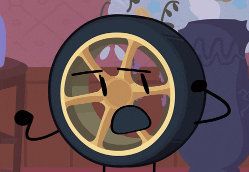 a cartoon drawing of a wheel with a face and arms