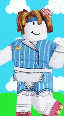 a cartoon character is wearing a blue and white striped outfit
