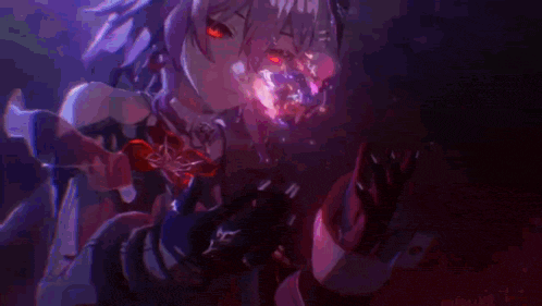 a purple and white anime character is falling into the dark
