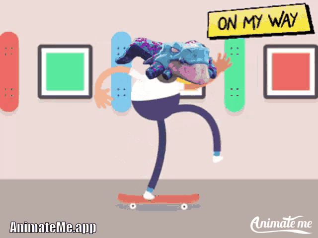 a cartoon of a person riding a skateboard with a sign above them that says on my way