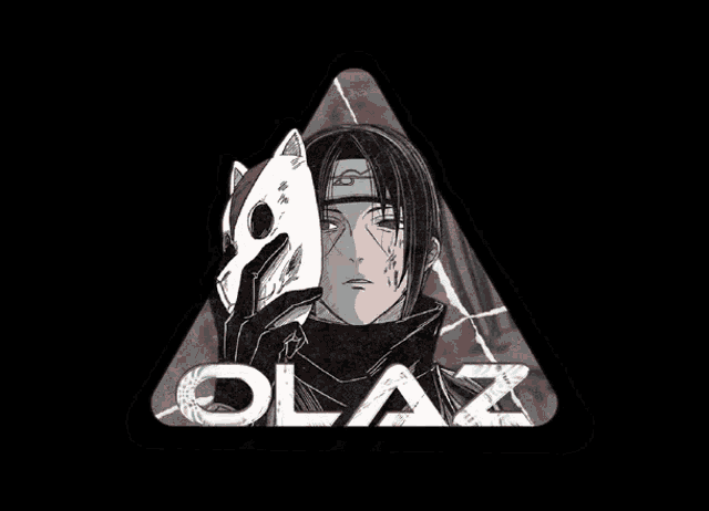 a drawing of a man holding a mask with the word olaz underneath