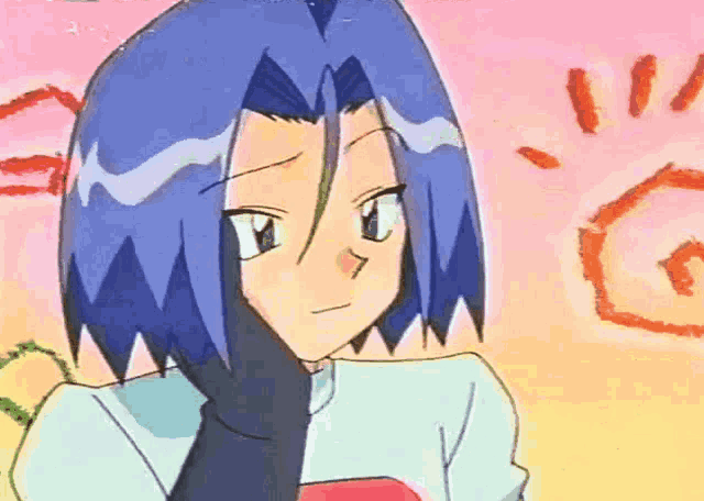 a cartoon character with blue hair and black gloves covering his face