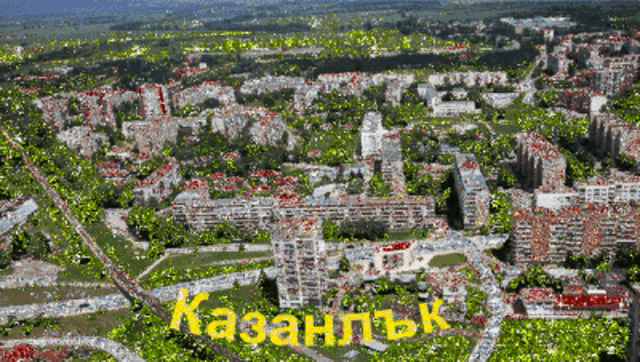 an aerial view of a city with the words kazanlk written in yellow