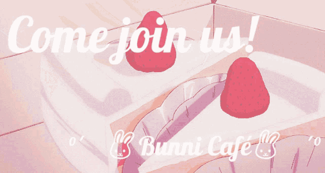 an advertisement for the bunny cafe with a strawberry on top of a cake