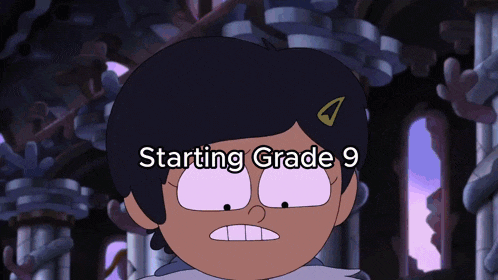 a cartoon character with the words starting grade 9 below her