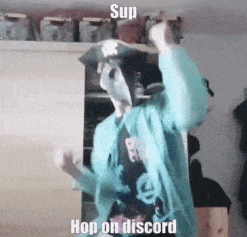 a person wearing a mask and a pirate hat is dancing in a room with the caption `` hop on discord '' .