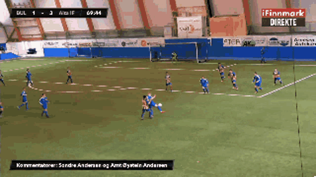 a soccer game is being played in a stadium and the score is 0-3