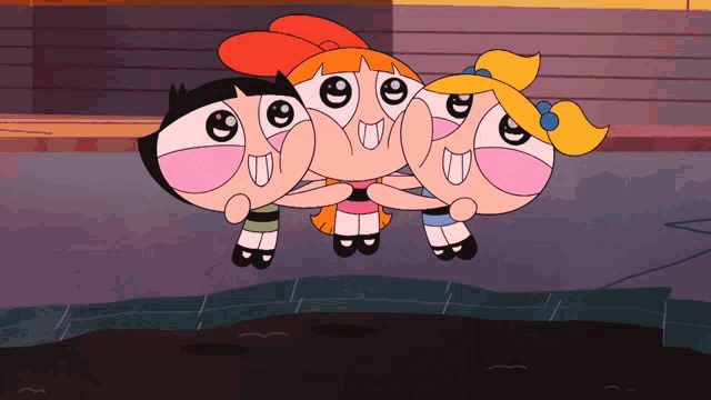 a group of three cartoon characters are hugging each other and smiling