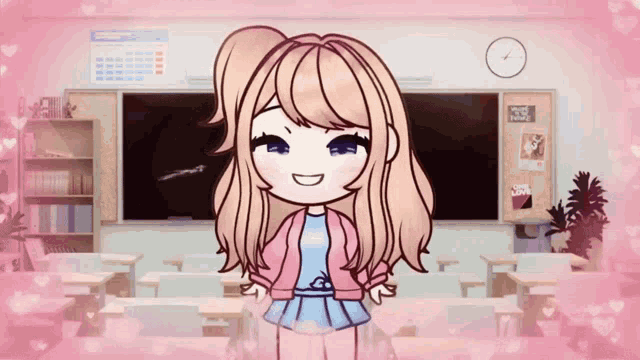 a girl in a pink jacket is smiling in front of a classroom with a clock