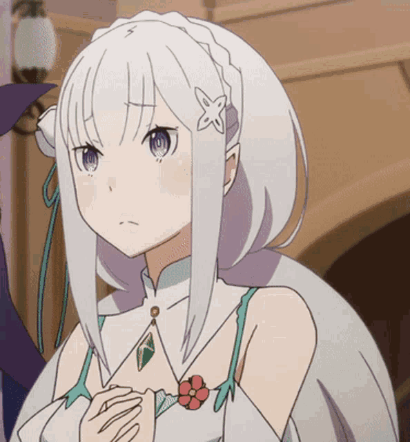 a girl with white hair and purple eyes is wearing a flower necklace